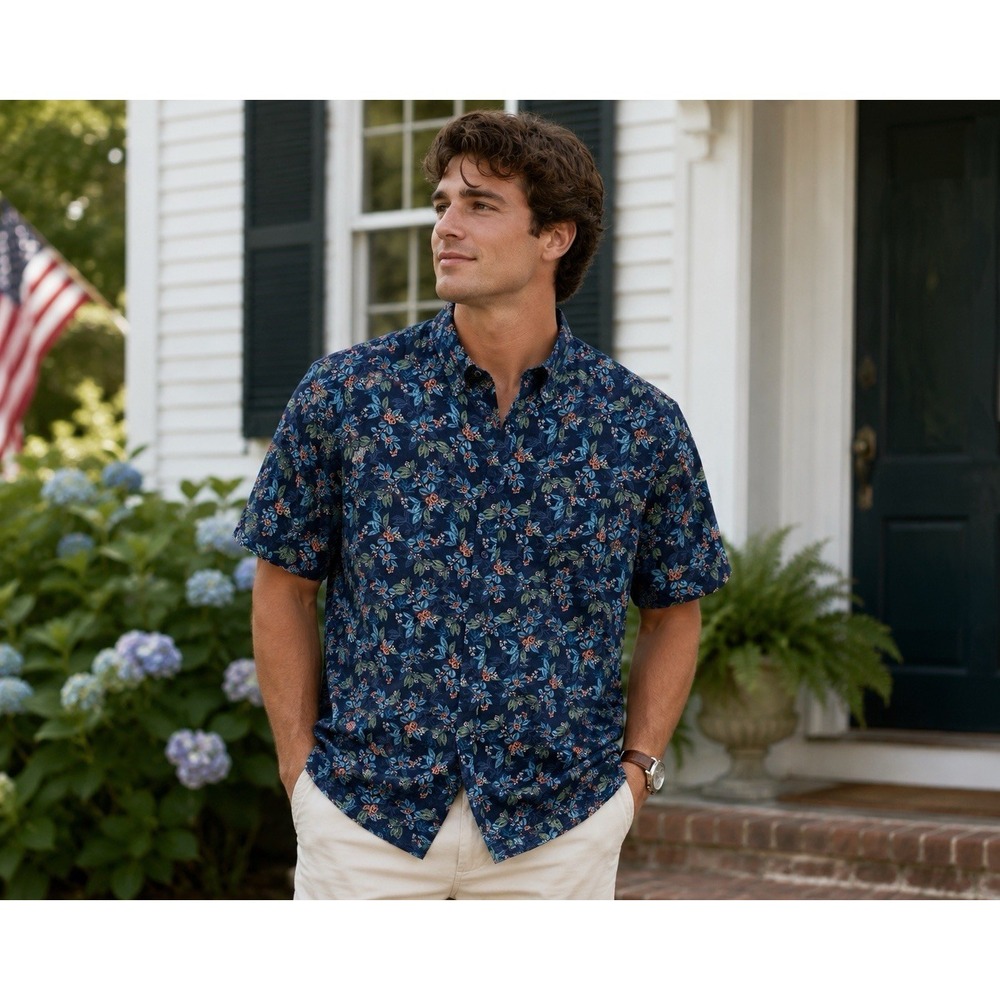 Club Room Luxury Men's LINEN Button Down Shirt Sz L Navy Floral Short Sleeve